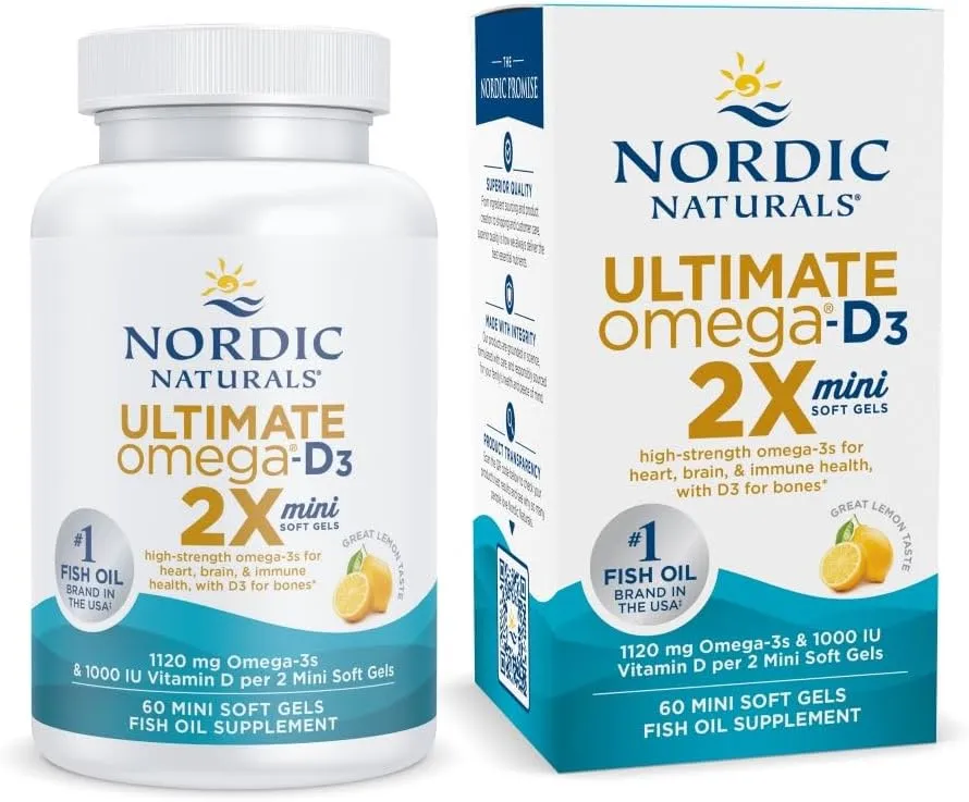 Nordic Naturals Ultimate Omega 2X Mini D3, Lemon Flavor - 60 Mini Soft Gels - 1120 mg Omega-3   1000 IU Vitamin D3 - EPA & DHA - Promotes Brain & Heart Health - 30 Servings