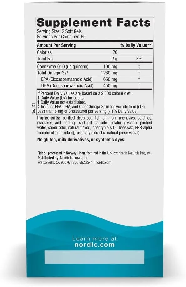 Nordic Naturals Ultimate Omega   CoQ10, Lemon - 120 Soft Gels - 1280 mg Omega-3   100 mg CoQ10 - Heart Health, Cellular Energy, Antioxidant Support - Non-GMO - 60 Servings