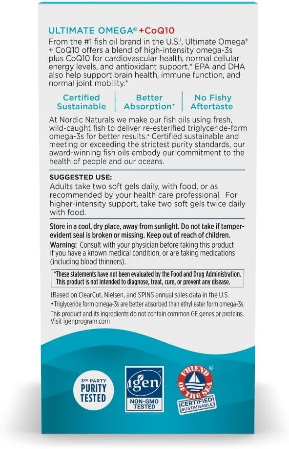 Nordic Naturals Ultimate Omega   CoQ10, Lemon - 120 Soft Gels - 1280 mg Omega-3   100 mg CoQ10 - Heart Health, Cellular Energy, Antioxidant Support - Non-GMO - 60 Servings