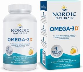 Nordic Naturals Omega-3D, Lemon Flavor - 120 Soft Gels - 690 mg Omega-3   1000 IU Vitamin D3 - Fish Oil - EPA & DHA - Immune Support, Brain & Heart Health, Healthy Bones - Non-GMO - 60 Servings