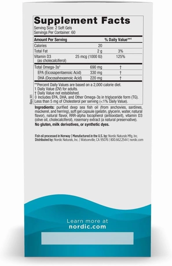 Nordic Naturals Omega-3D, Lemon Flavor - 120 Soft Gels - 690 mg Omega-3   1000 IU Vitamin D3 - Fish Oil - EPA & DHA - Immune Support, Brain & Heart Health, Healthy Bones - Non-GMO - 60 Servings