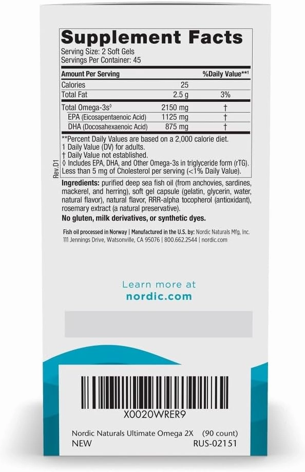 Nordic Naturals Ultimate Omega 2X, Lemon Flavor - 90 Soft Gels - 2150 mg Omega- High-Potency Omega-3 Fish Oil with EPA & DHA - Promotes Brain & Heart Health - Non-GMO - 45 Servings