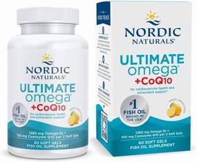 Nordic Naturals Ultimate Omega   CoQ10, Lemon - 60 Soft Gels - 1280 mg Omega-3   100 mg CoQ10 - Heart Health, Cellular Energy, Antioxidant Support - Non-GMO - 30 Servings