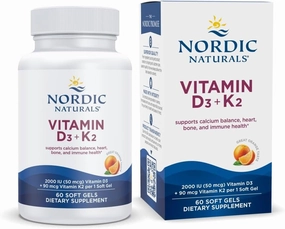 Nordic Naturals Vitamin D3   K2, Orange Taste - 60 Soft Gels - Synergistic Support for Bones, Immune Function & Calcium Balance - Non-GMO - 60 Servings