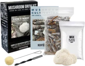 North Spore Organic Lion's Mane Outdoor Mushroom Log Growing Kit | Includes 100 ct. Bag of Plug Spawn | Complete Log Starter Kit with Instructions | Handmade in Maine, USA