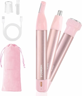 Nose Hair Trimmer for Women 3in1 Facial Hair Removal Trimmers- Rechargeable, Waterproof, Portable with Travel Bag- Trims Nose, Ear, Eyebrow, Peach-Fuzz, Lips, Chin Face Hair Remover FT2003 (Pink)