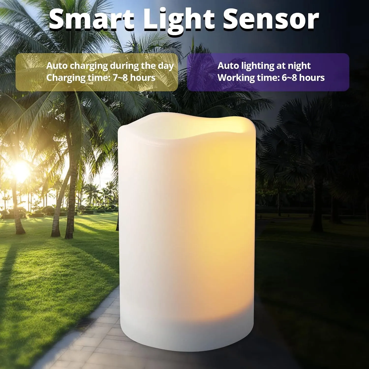 NURADA Large Outdoor Solar Powered Candles - Flameless Pillar Waterproof Rechargeable Candle Set, White Resin, LED Light,Rechargeable Solar Battery Included, for Patio Decor, 3.25"x4"5" 6"