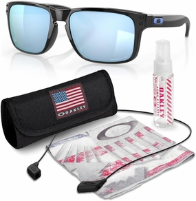 Oakley OO9102 HOLBROOK Square Sunglasses for Men - High Bridge Fit - USA Flag Cleaning Kit and Leash - PREMIUM BUNDLE
