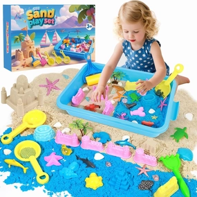 Ocean Sensory Bin, Sandbox Play Sand Art Kit with 3.3lbs Play Sand, Sea Animal Toys Molds, Sensory Play for Girls Boys Age 3 4 5 6 7 8, Beach Toys for Kids Xmas Birthday Gifts