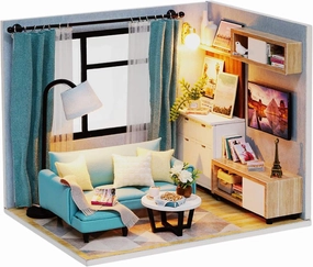 Ogrmar 1:24 Scale Dollhouse Miniature with Furniture, DIY Dollhouse Kit Plus Dust Proof & LED Light, Creative Room Toys for Children Gift (Corner of Living Room)