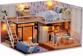 Ogrmar Dollhouse Miniature with Furniture, DIY Dollhouse Kit Plus Dust Proof & LED Light, Creative Room Toys for Children Gift (Blue Time)