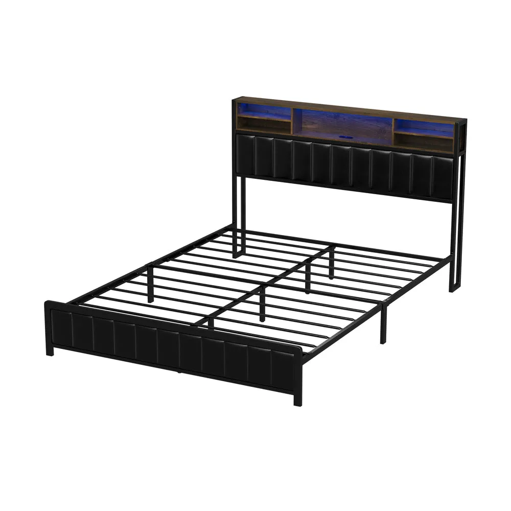 Oikiture Bed Frame Queen Size LED Storage Bedhead Leather Black