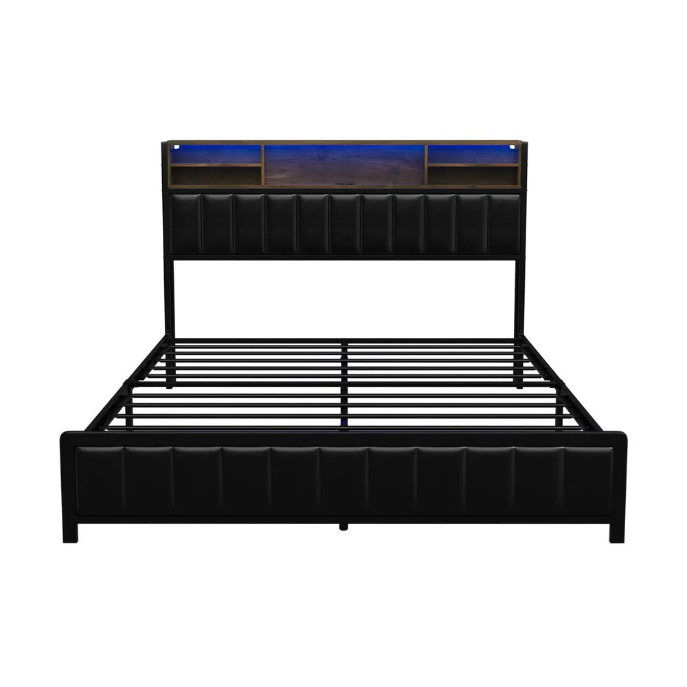 Oikiture Bed Frame Queen Size LED Storage Bedhead Leather Black