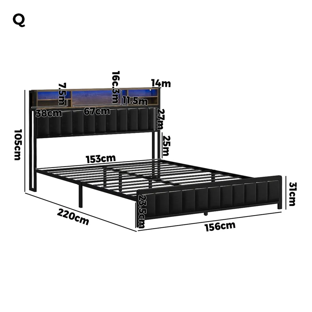 Oikiture Bed Frame Queen Size LED Storage Bedhead Leather Black