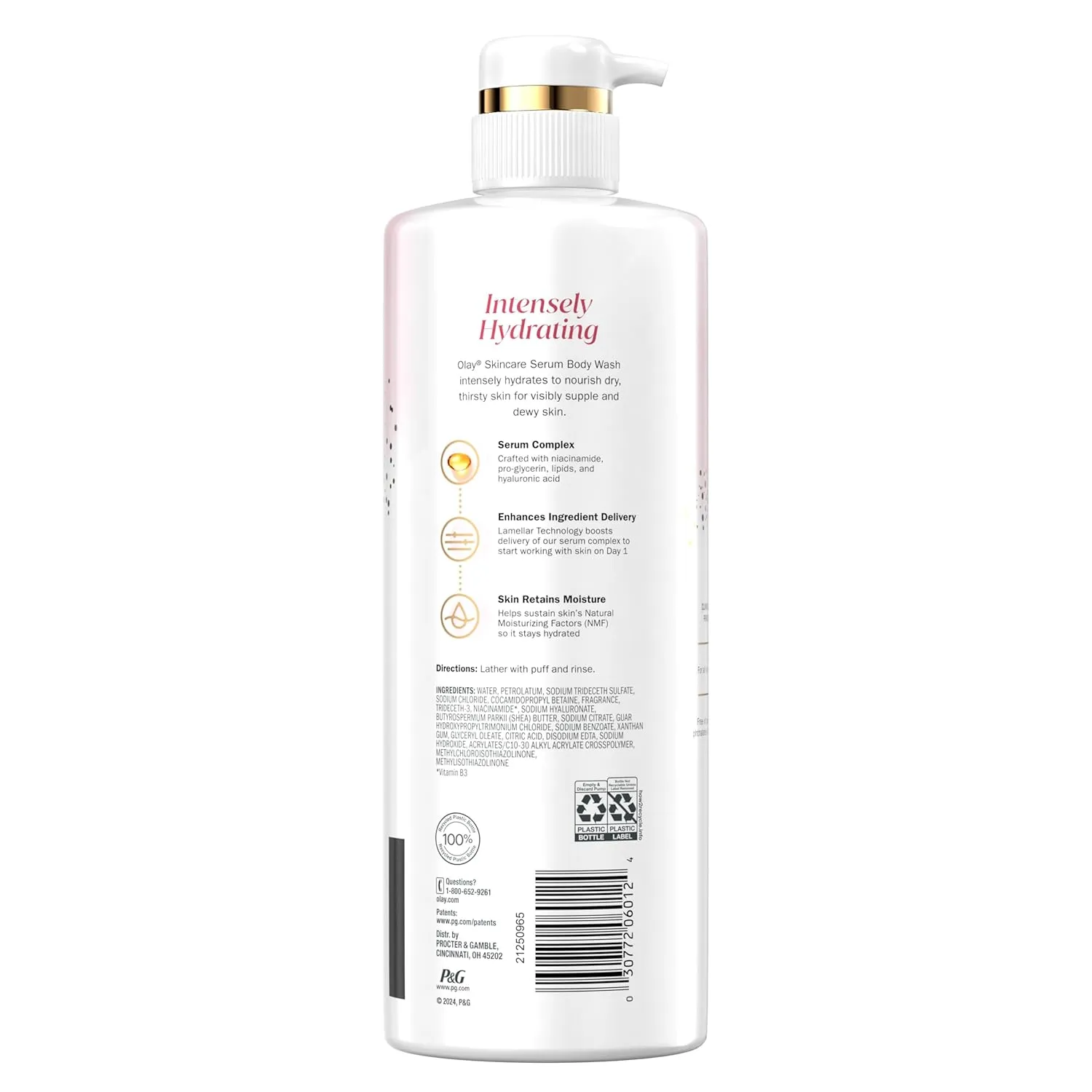 Olay Body Wash for Women, Intensely Hydrating, Hyaluronic Acid Serum Complex, Renews Moisture, Free of Parabens & Phthalates, Vitamin B3 Lameller Technology, For All Skin Types, 26 fl oz