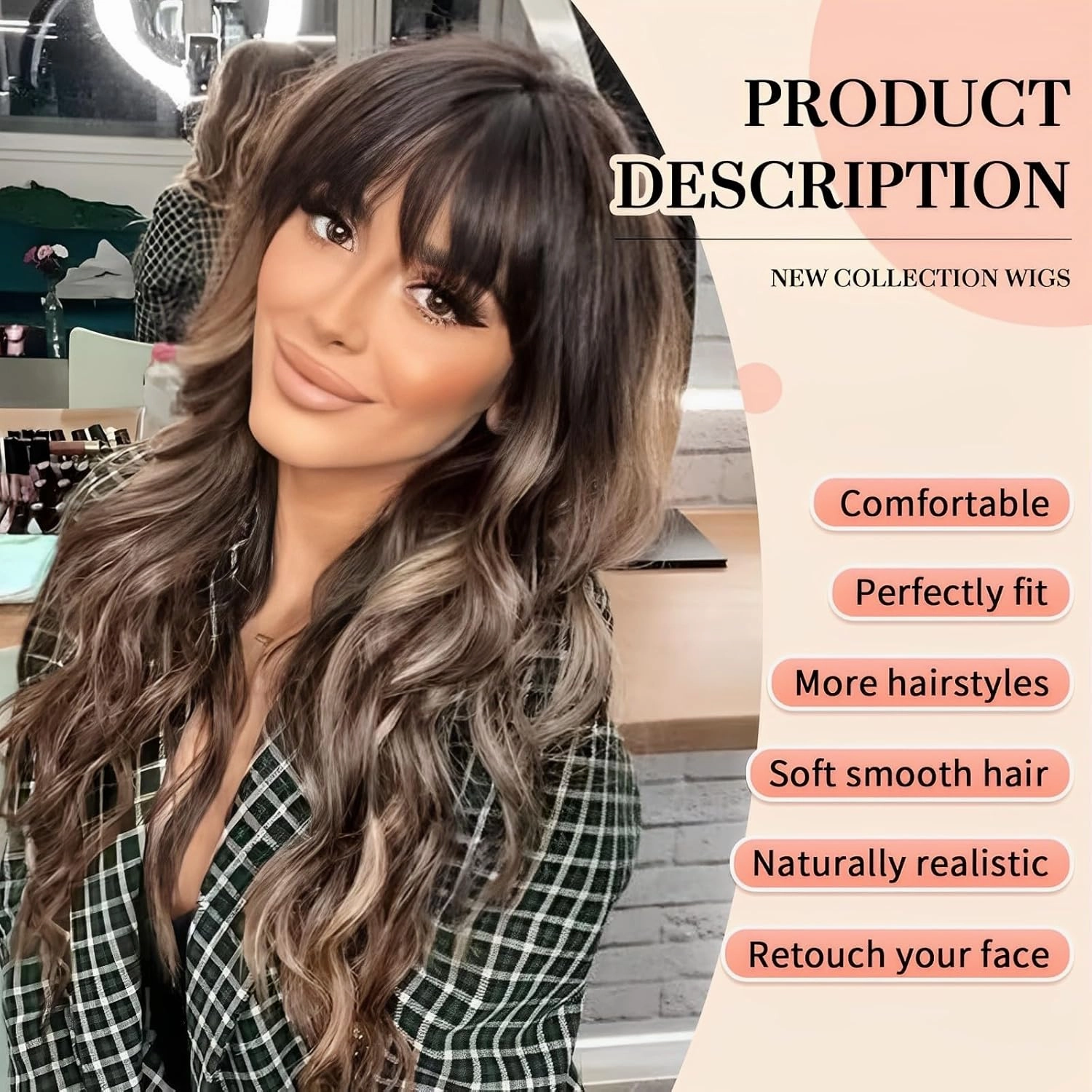 Ombre Brown Wigs with Bangs,Brown Highlight Long Wavy Wig for Women,Long Curly Wigs Synthetic Hair Wig for Party Cosplay Daily Use 24IN
