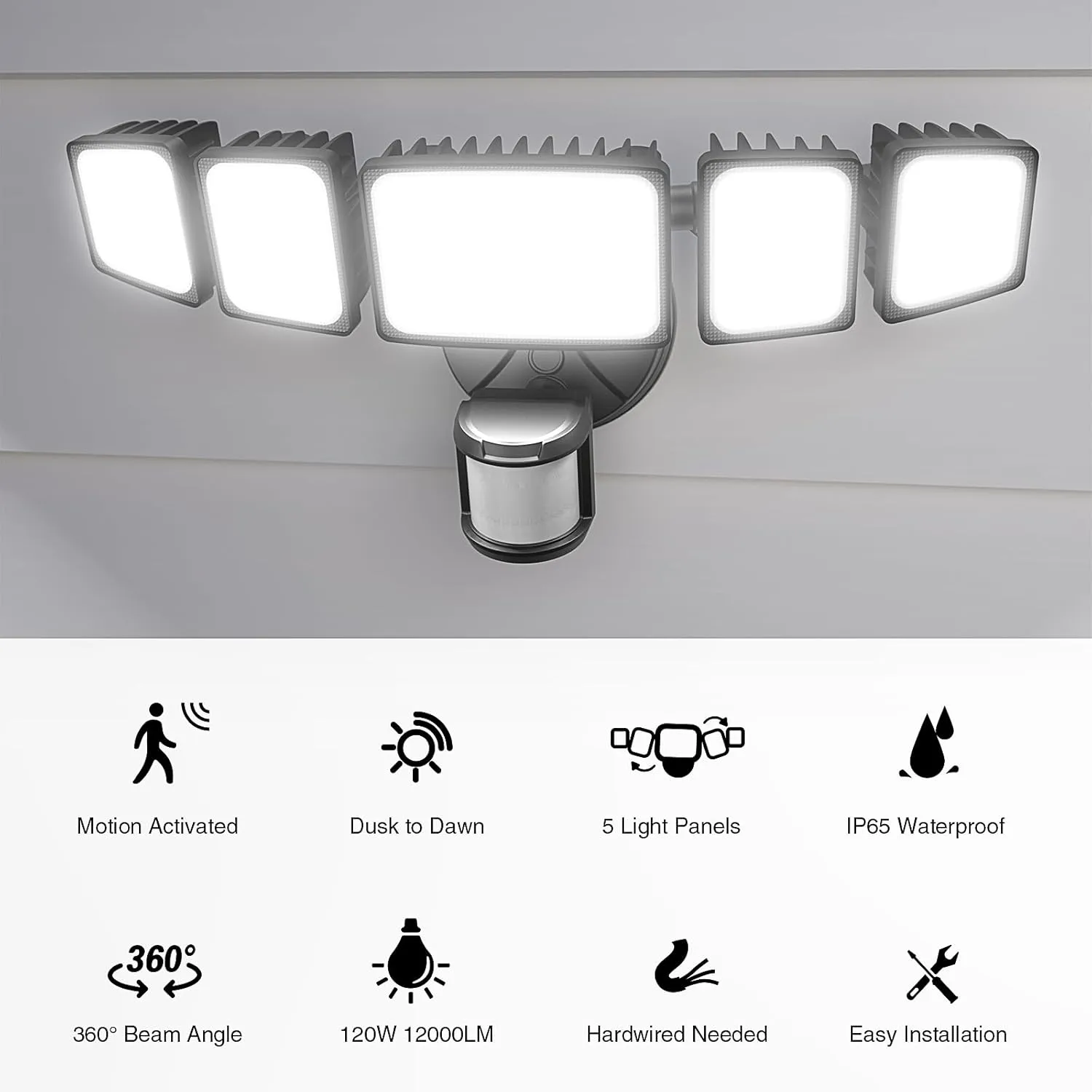 Onforu 120W 12000LM LED Security Lights Motion Sensor Outdoor, Dusk to Dawn Flood Lighting, 5 Heads 360° Wide Angle Illumination, 6500K IP65 Waterproof Hardwired Floodlight Motion Detection (Black)