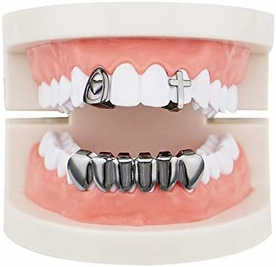 OOCC 2 Single Heart Cross Shape Top Grillz Teeth & 6 Bottom Set Grillz, Gold Plated Brass, Dental Grills, Teeth Jewelry, Unisex, Adults, Fashion-conscious, Trend-aware