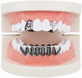 OOCC 2 Single Heart Cross Shape Top Grillz Teeth & 6 Bottom Set Grillz, Gold Plated Brass, Dental Grills, Teeth Jewelry, Unisex, Adults, Fashion-conscious, Trend-aware