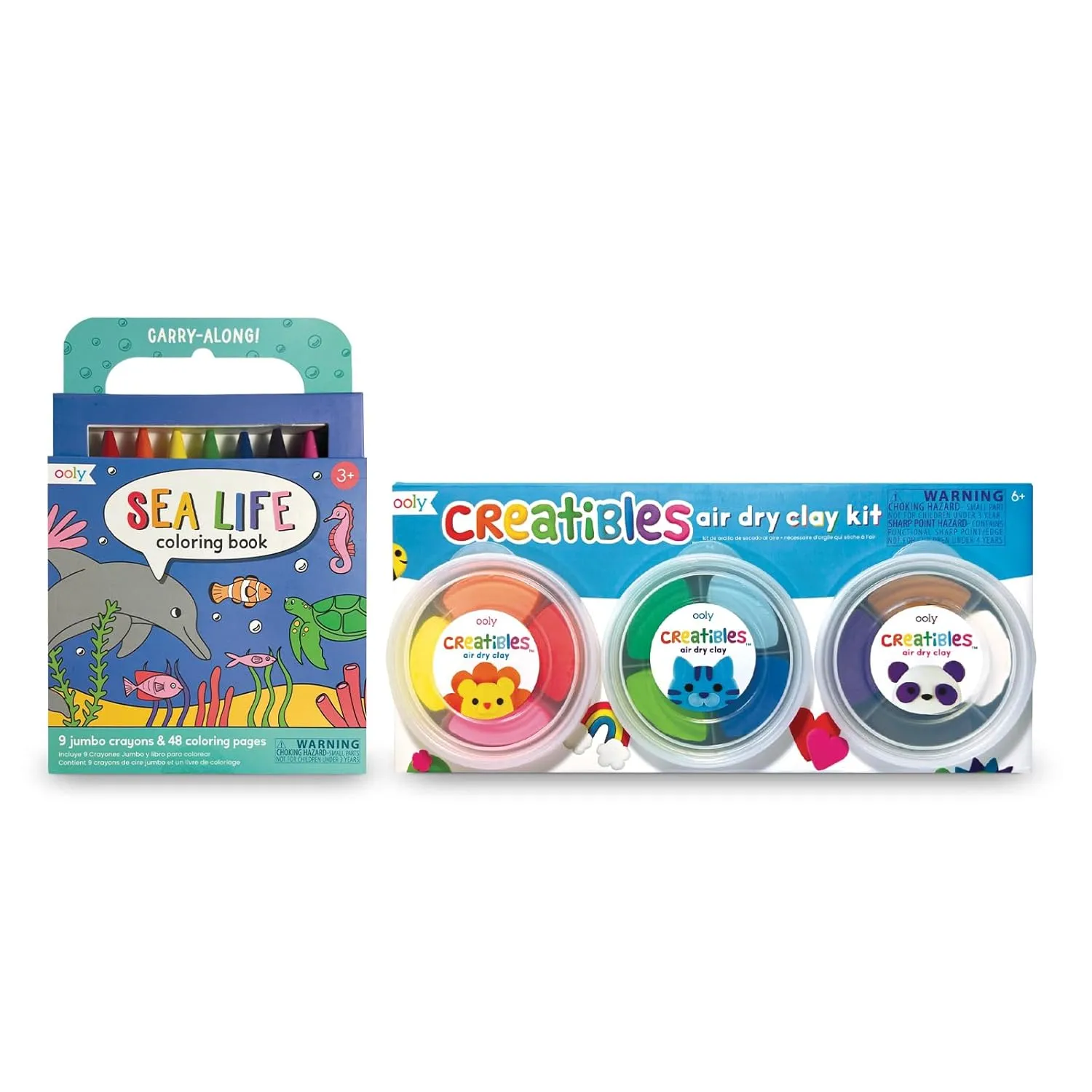 Ooly Travel Art Kit with 9 Jumbo Crayons & 48 Themed Coloring Pages & Case - Sea Life & Creatibles, 12 Colors Air Dry Clay Kit for Kids Craft, Modeling Clay with 3 Shaping Tools