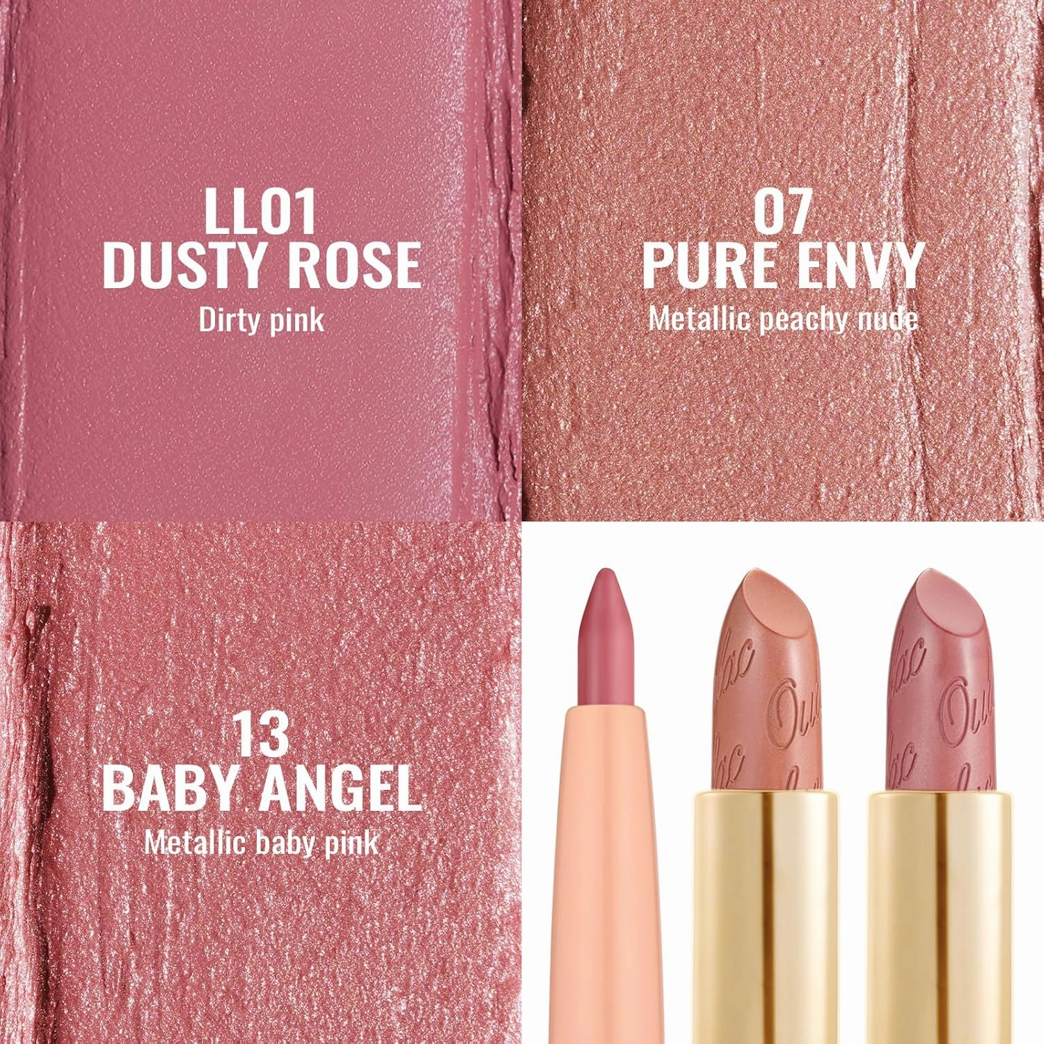 Oulac Lipstick & Lipliner Set 3PCS High Impact Lipcolor with Moisturizing Formula, Vegan Beauty, Full-Coverage Lip Color, Gift Lipstick for Women, LL01 07 13