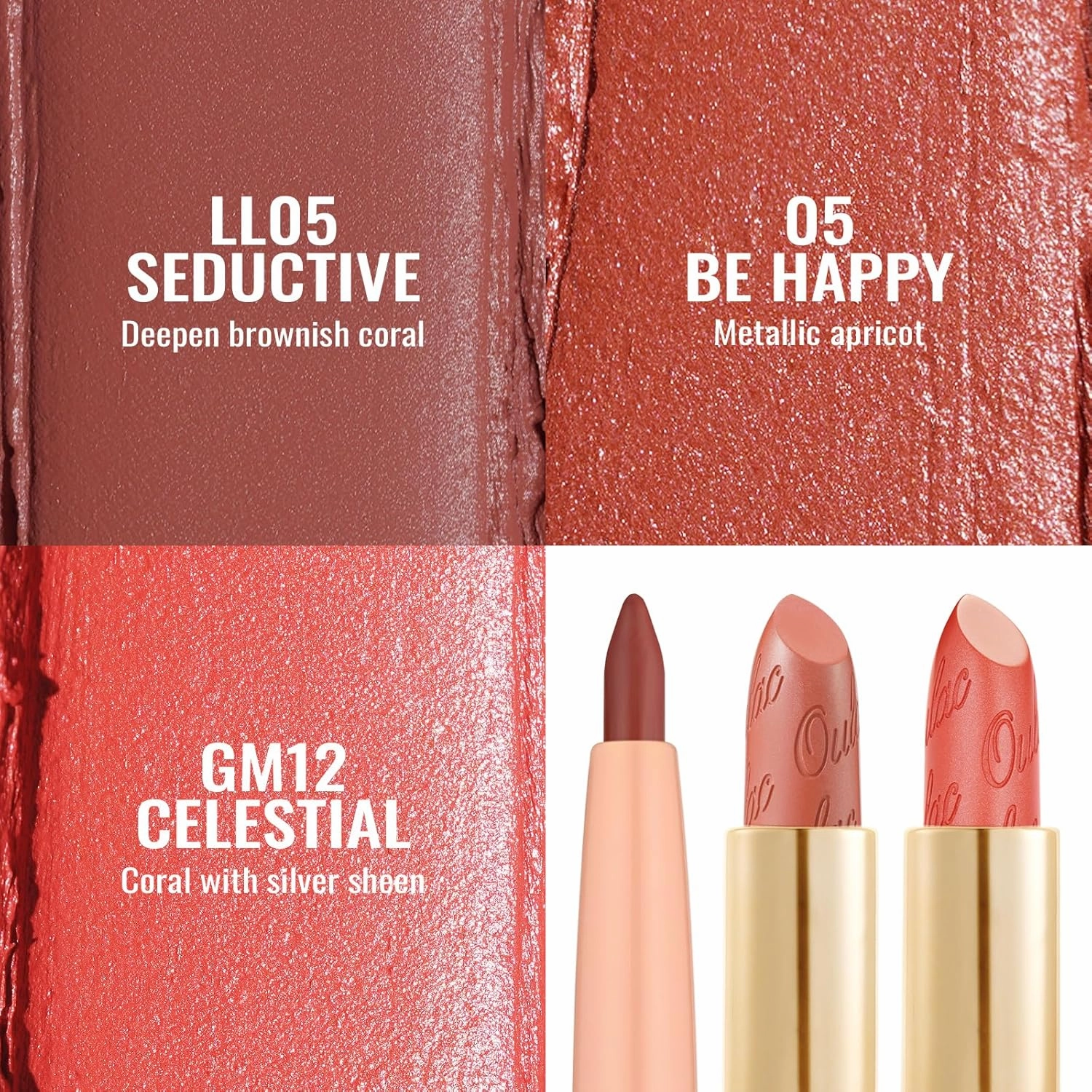 Oulac Lipstick & Lipliner Set 3PCS High Impact Lipcolor with Moisturizing Formula, Vegan Beauty, Full-Coverage Lip Color, Gift Lipstick for Women, LL05 05 GM12