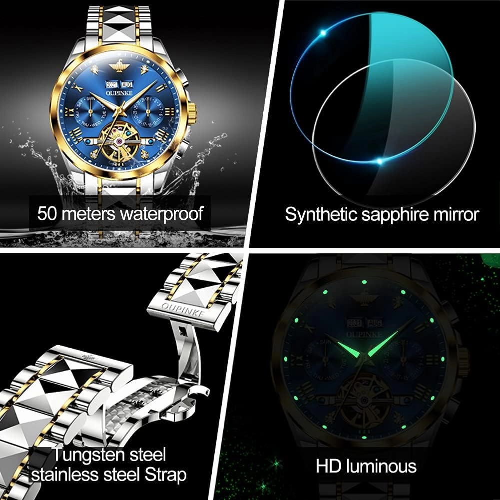 OUPINKE Mens Automatic Watches Diamond Skeleton Self Winding Luxury Dress Wrist Watch Sapphire Crystal Tungsten Steel