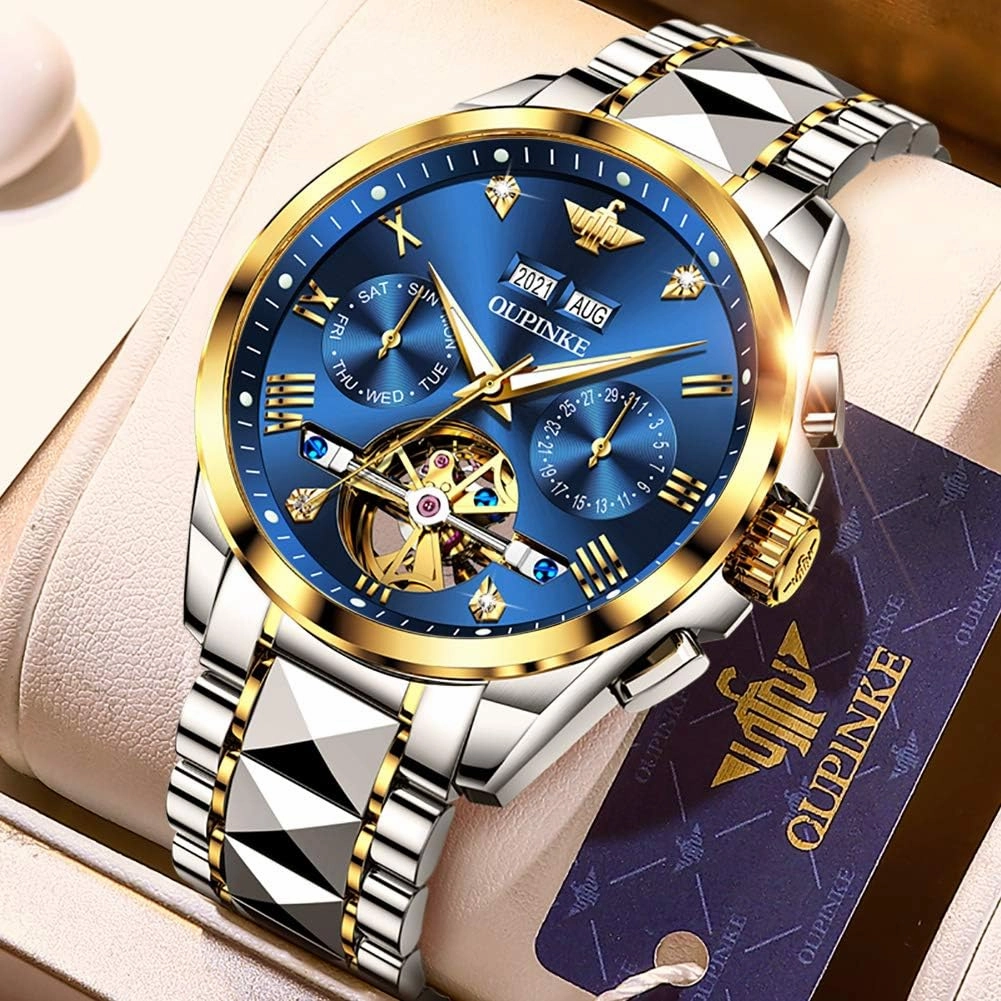 OUPINKE Mens Automatic Watches Diamond Skeleton Self Winding Luxury Dress Wrist Watch Sapphire Crystal Tungsten Steel