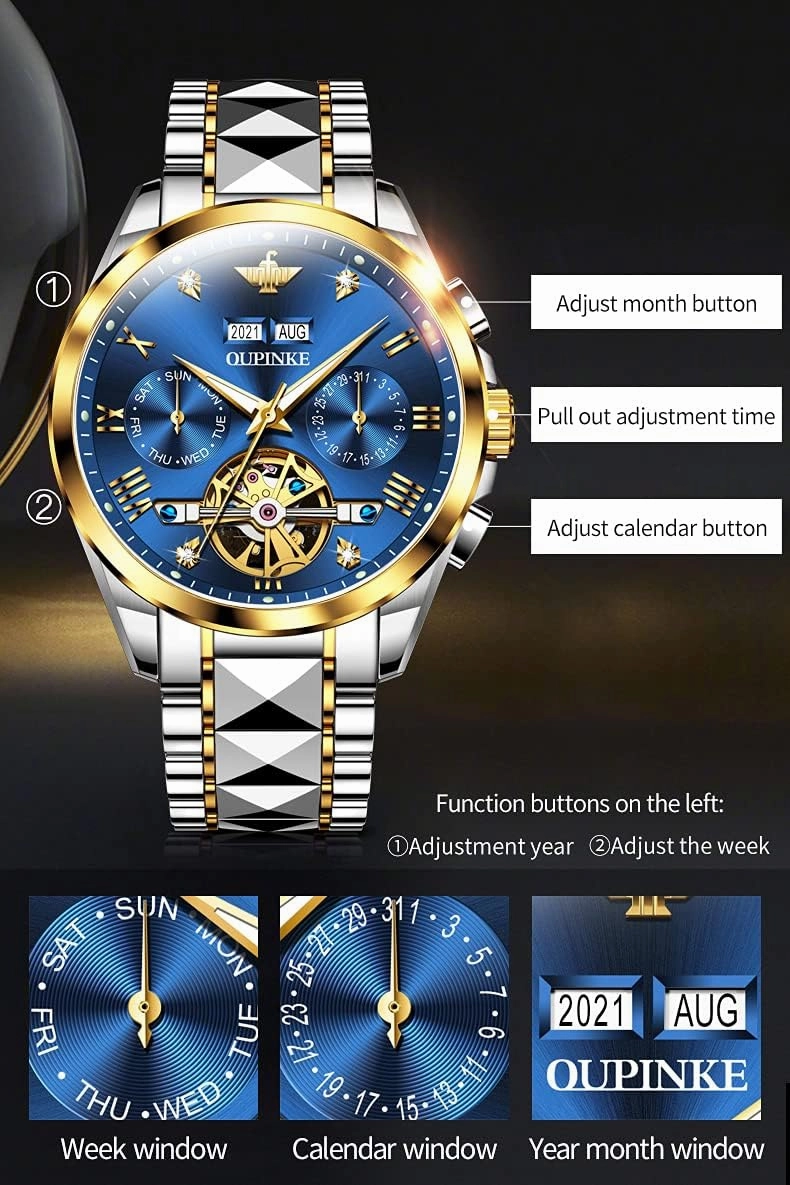 OUPINKE Mens Automatic Watches Diamond Skeleton Self Winding Luxury Dress Wrist Watch Sapphire Crystal Tungsten Steel