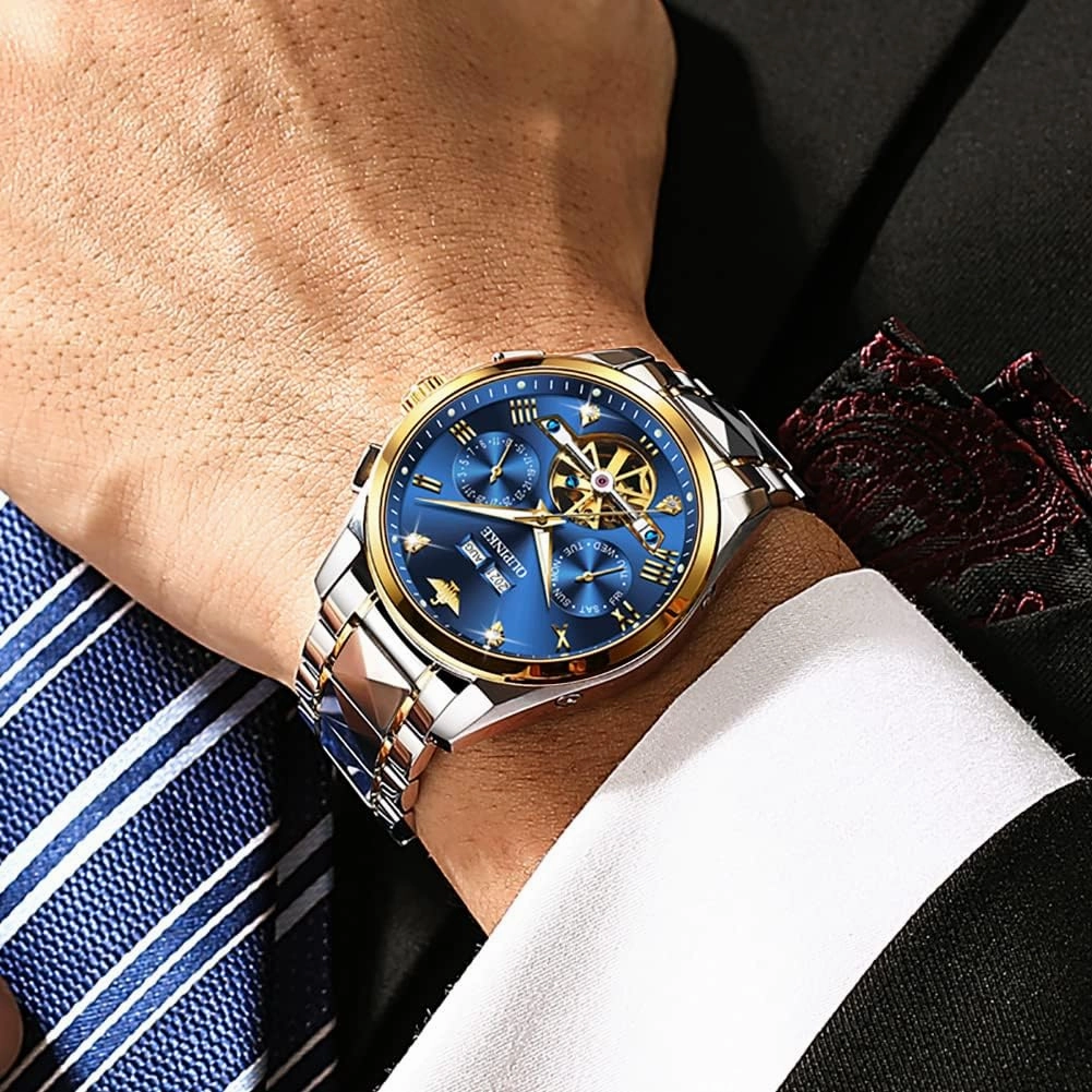 OUPINKE Mens Automatic Watches Diamond Skeleton Self Winding Luxury Dress Wrist Watch Sapphire Crystal Tungsten Steel