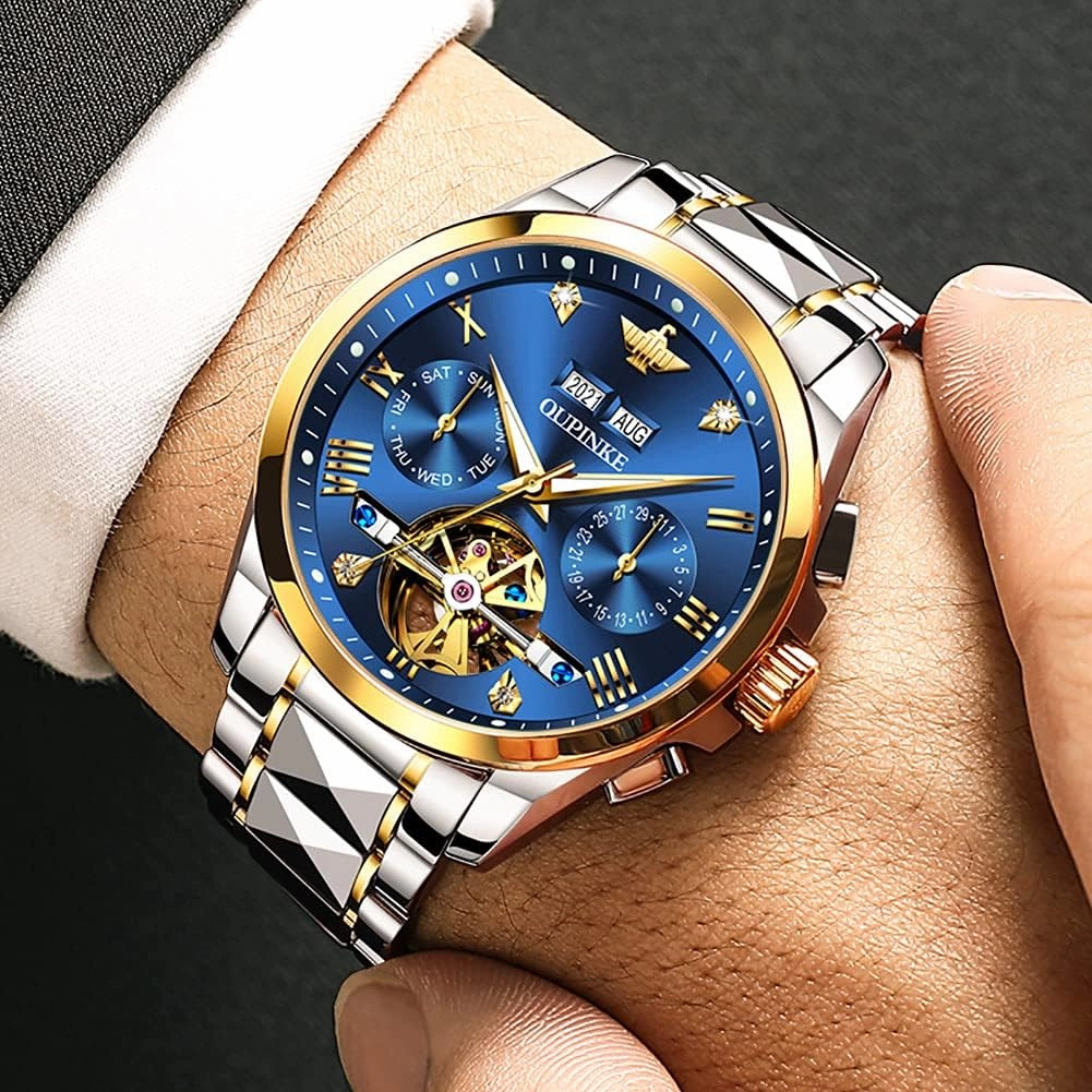 OUPINKE Mens Automatic Watches Diamond Skeleton Self Winding Luxury Dress Wrist Watch Sapphire Crystal Tungsten Steel