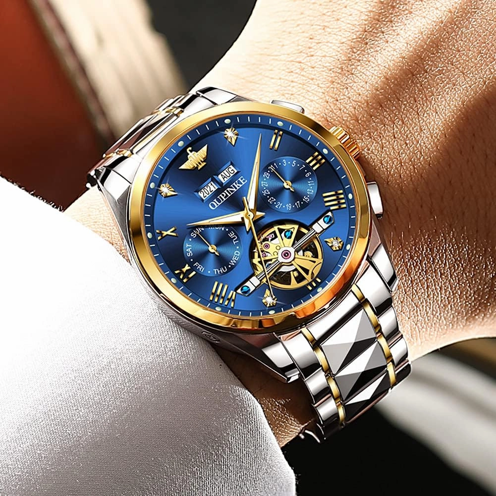 OUPINKE Mens Automatic Watches Diamond Skeleton Self Winding Luxury Dress Wrist Watch Sapphire Crystal Tungsten Steel