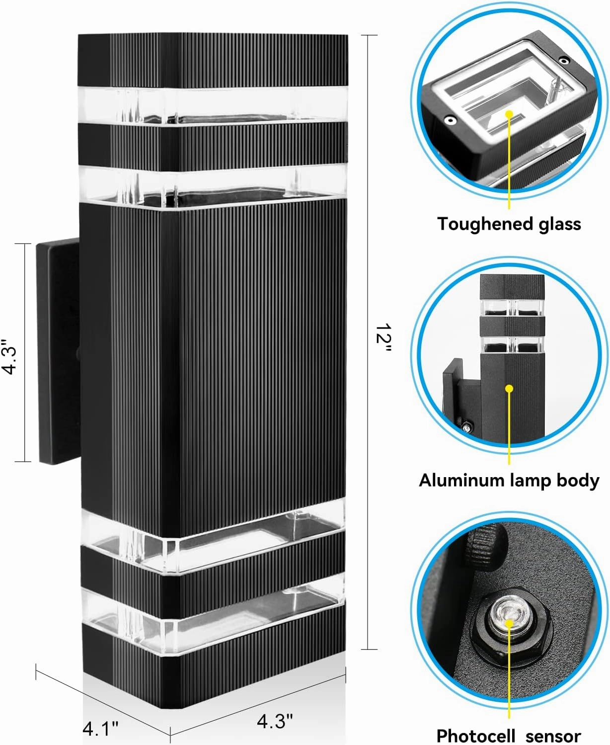 Outdoor Wall Light Dusk to Dawn, Exterior Sconce Lighting Fixture, Up and Down Porch Light Waterproof Aluminum Square PC and Tempered Glass Cover 3000k 7W 2Pack Black Certificate ETL