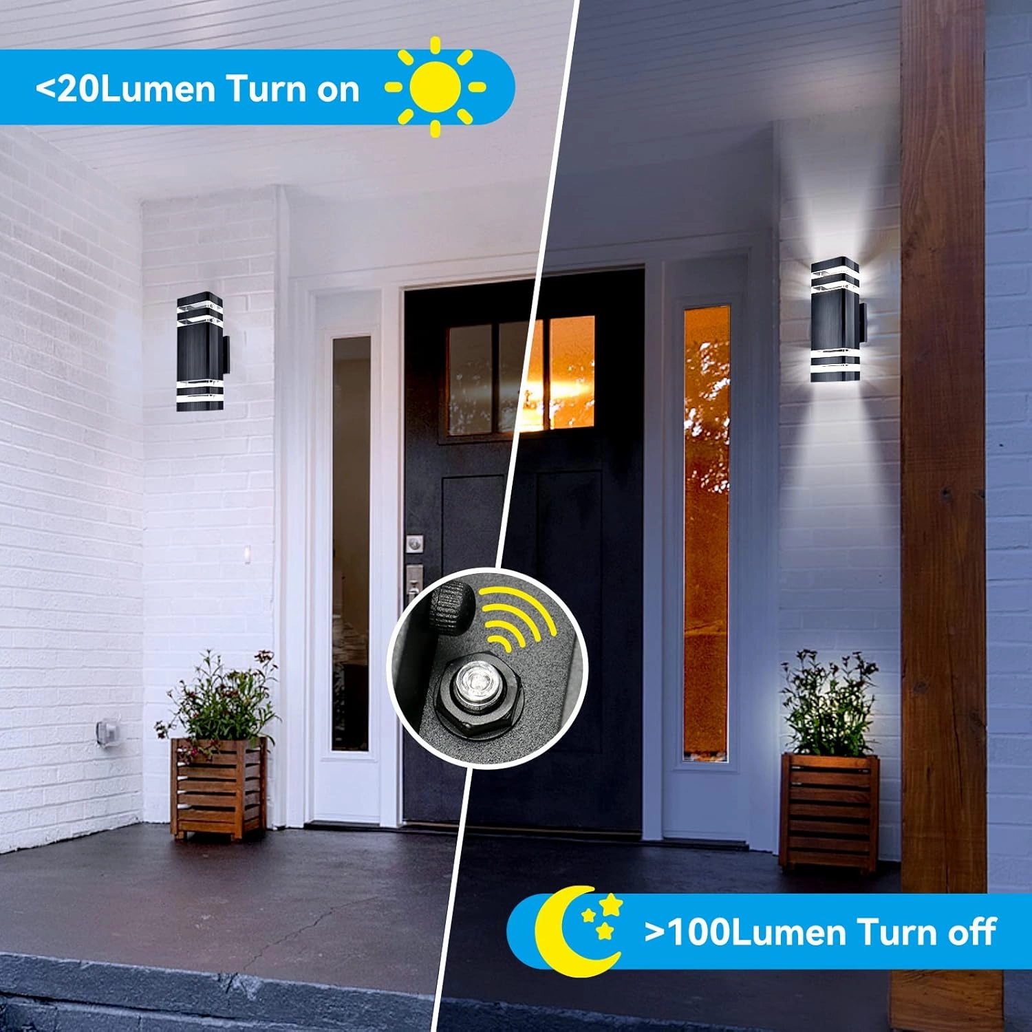 Outdoor Wall Light Dusk to Dawn, Exterior Sconce Lighting Fixture, Up and Down Porch Light Waterproof Aluminum Square PC and Tempered Glass Cover 3000k 7W 2Pack Black Certificate ETL