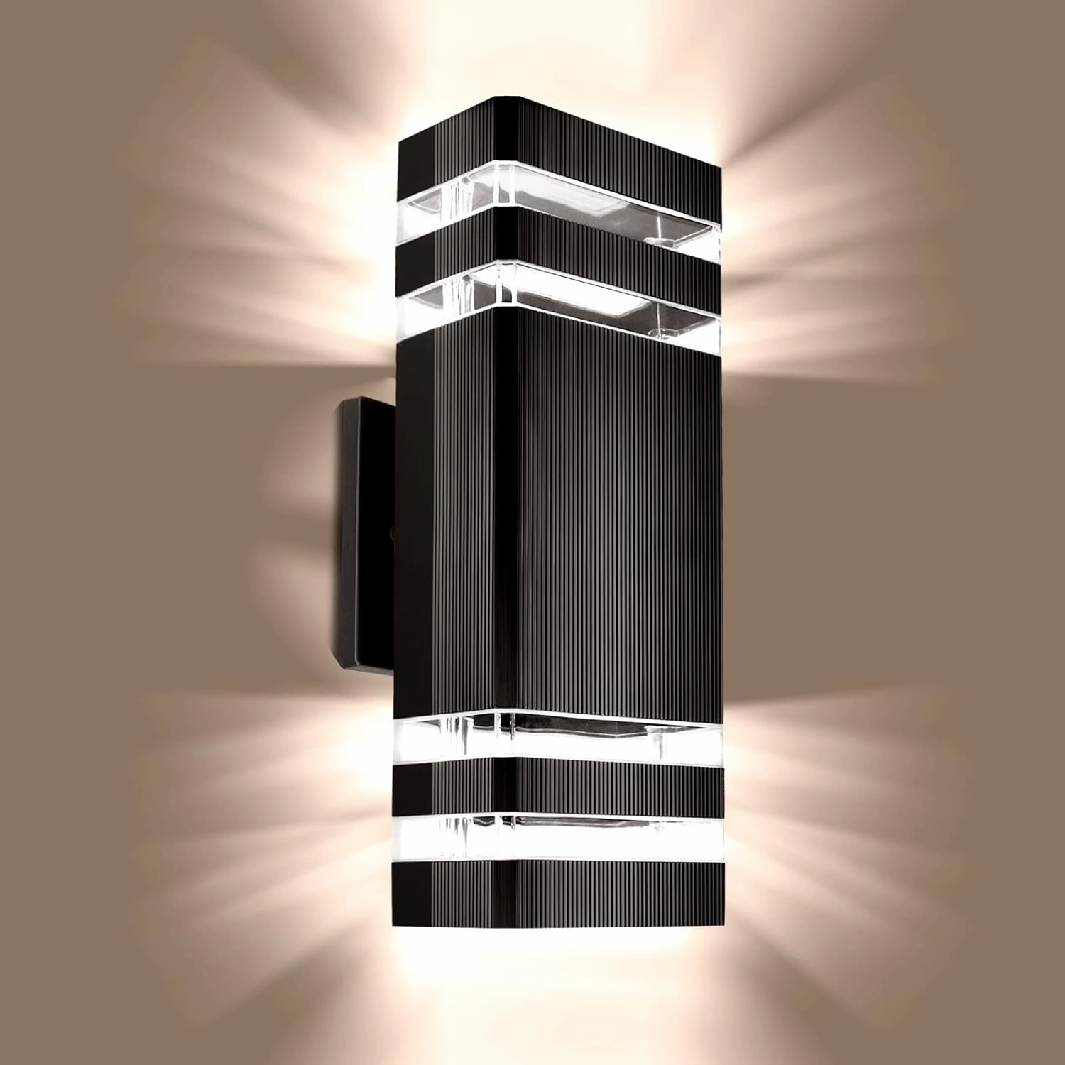 Outdoor Wall Light Dusk to Dawn, Exterior Sconce Lighting Fixture, Up and Down Porch Light Waterproof Aluminum Square PC and Tempered Glass Cover 3000k 7W 2Pack Black Certificate ETL