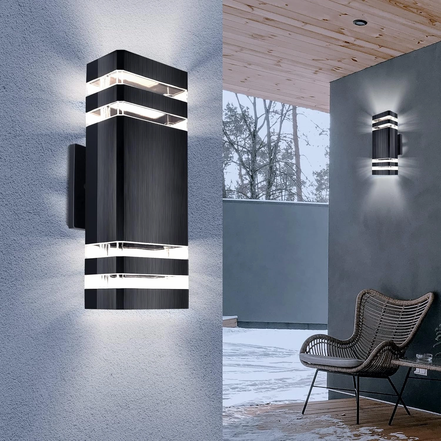 Outdoor Wall Light Dusk to Dawn, Exterior Sconce Lighting Fixture, Up and Down Porch Light Waterproof Aluminum Square PC and Tempered Glass Cover 3000k 7W 2Pack Black Certificate ETL