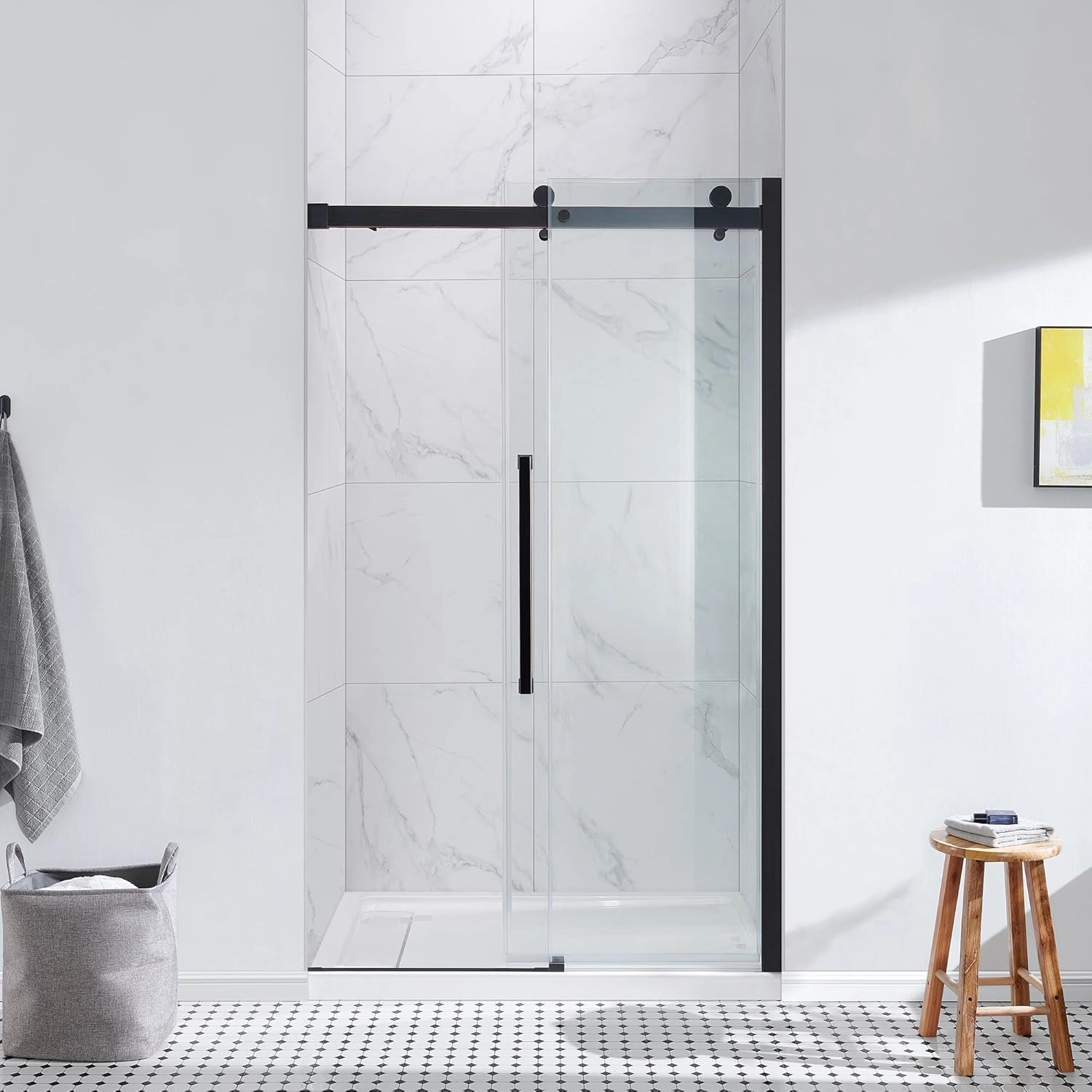 OVE Decors Bel 48-in W x 81-in H Frameless Sliding Shower Door Alcove Shower Kit, Shower Base Included in Oil-Rubbed Bronze