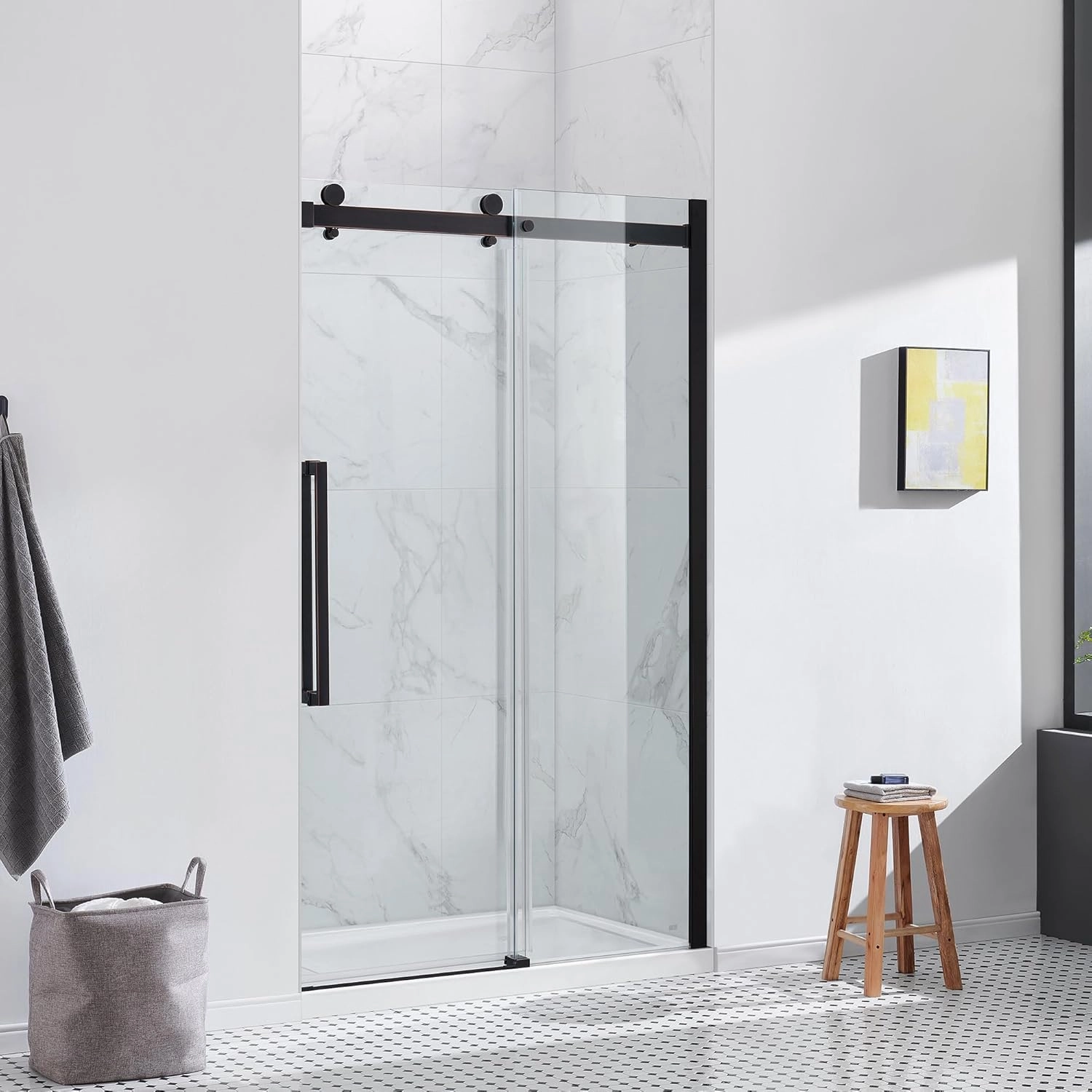 OVE Decors Bel 48-in W x 81-in H Frameless Sliding Shower Door Alcove Shower Kit, Shower Base Included in Oil-Rubbed Bronze
