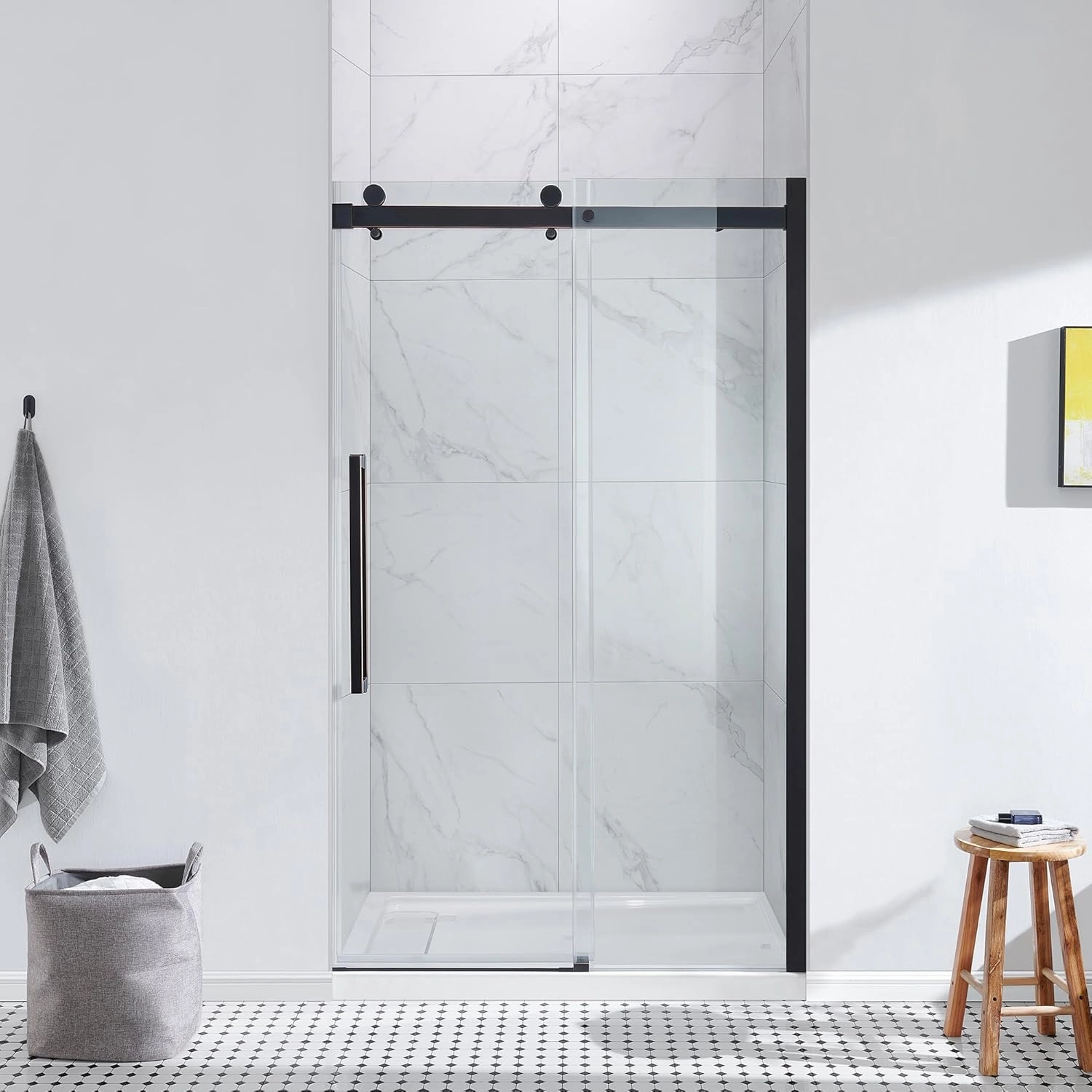 OVE Decors Bel 48-in W x 81-in H Frameless Sliding Shower Door Alcove Shower Kit, Shower Base Included in Oil-Rubbed Bronze