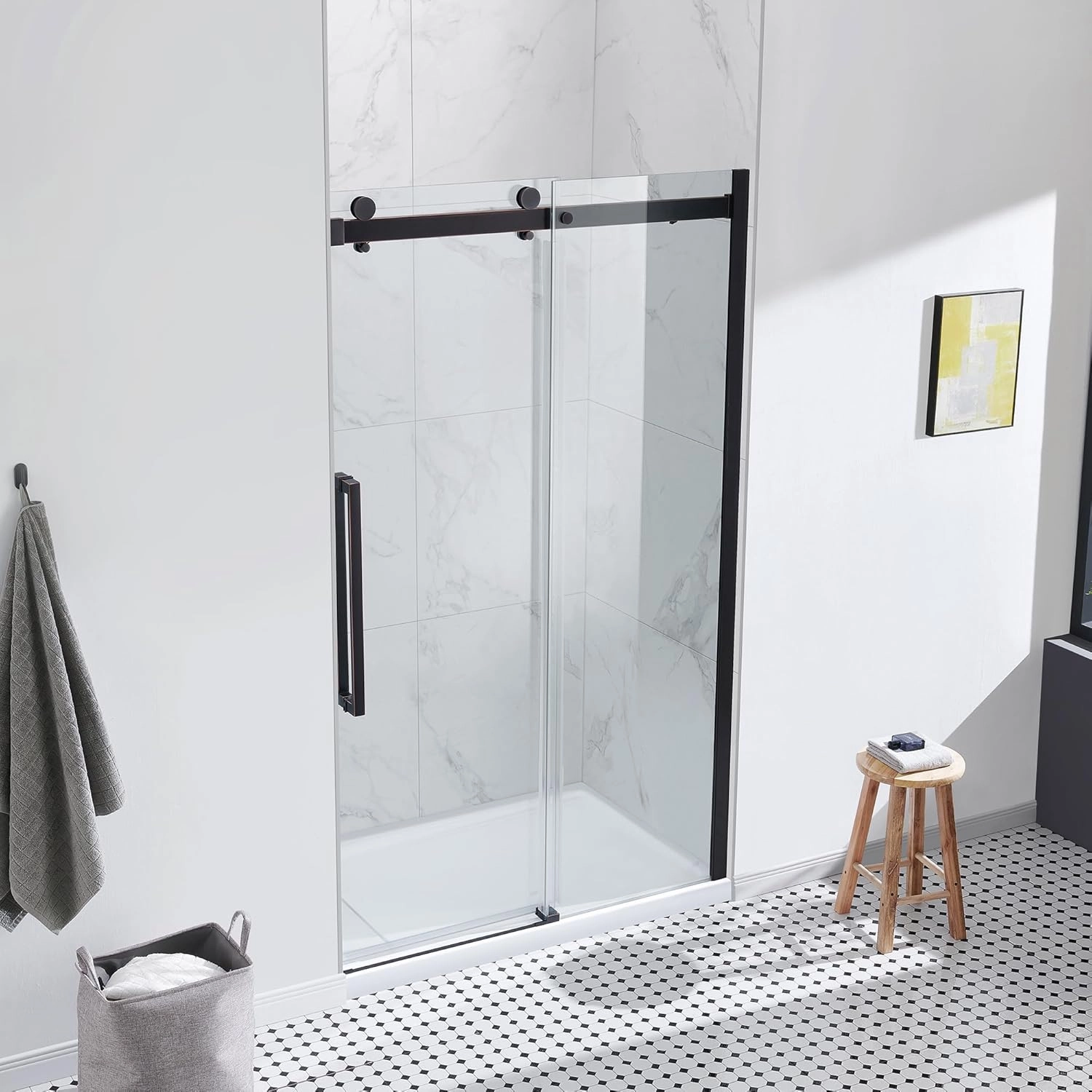 OVE Decors Bel 48-in W x 81-in H Frameless Sliding Shower Door Alcove Shower Kit, Shower Base Included in Oil-Rubbed Bronze