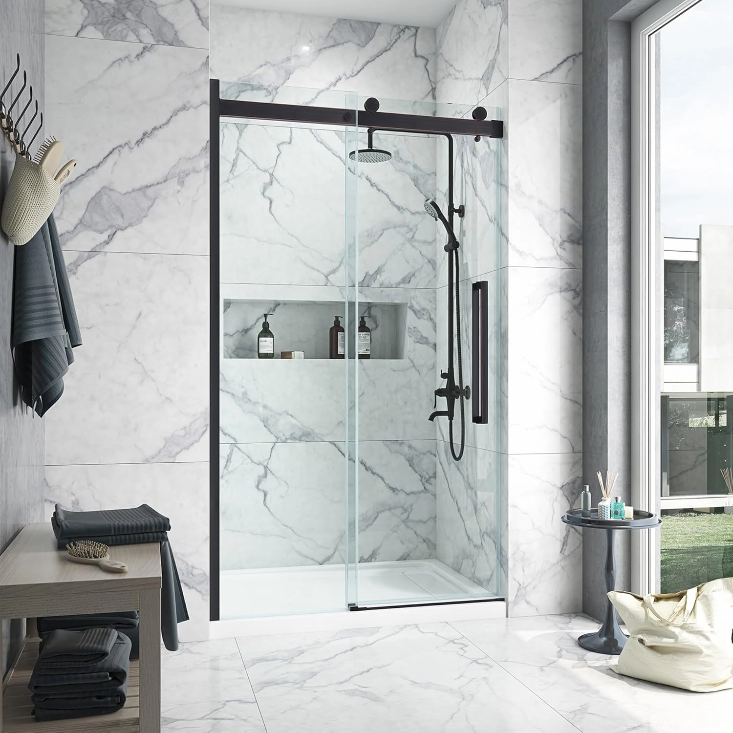 OVE Decors Bel 48-in W x 81-in H Frameless Sliding Shower Door Alcove Shower Kit, Shower Base Included in Oil-Rubbed Bronze