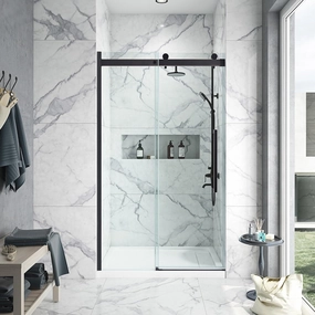OVE Decors Bel 48-in W x 81-in H Frameless Sliding Shower Door Alcove Shower Kit, Shower Base Included in Oil-Rubbed Bronze