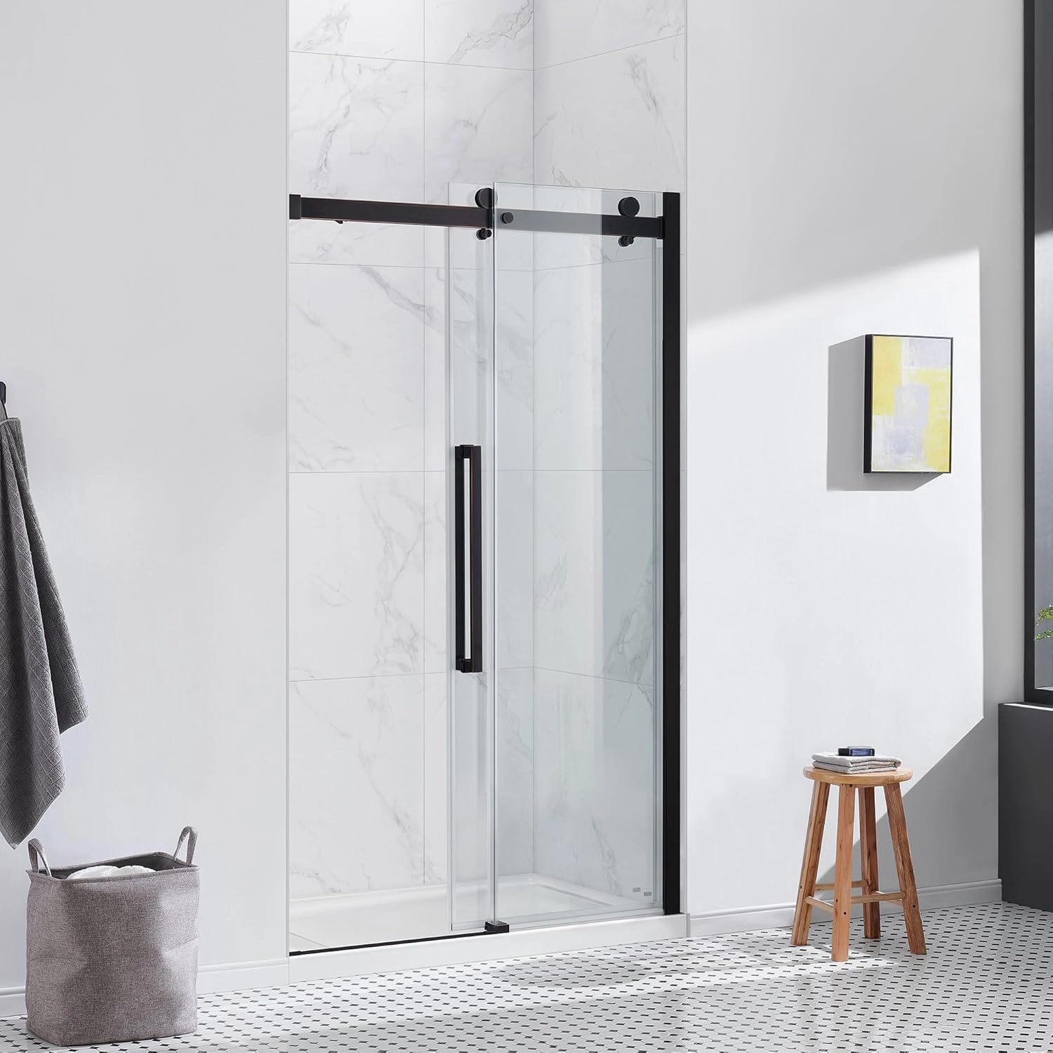 OVE Decors Bel 48-in W x 81-in H Frameless Sliding Shower Door Alcove Shower Kit, Shower Base Included in Oil-Rubbed Bronze