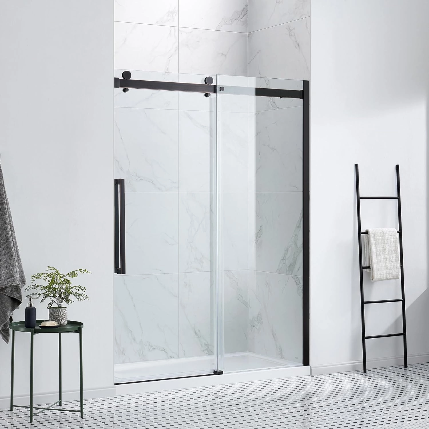 OVE Decors Bel 60-in W x 81-in H Frameless Sliding Shower Door Alcove Shower Kit, Shower Base Included in Oil-Rubbed Bronze