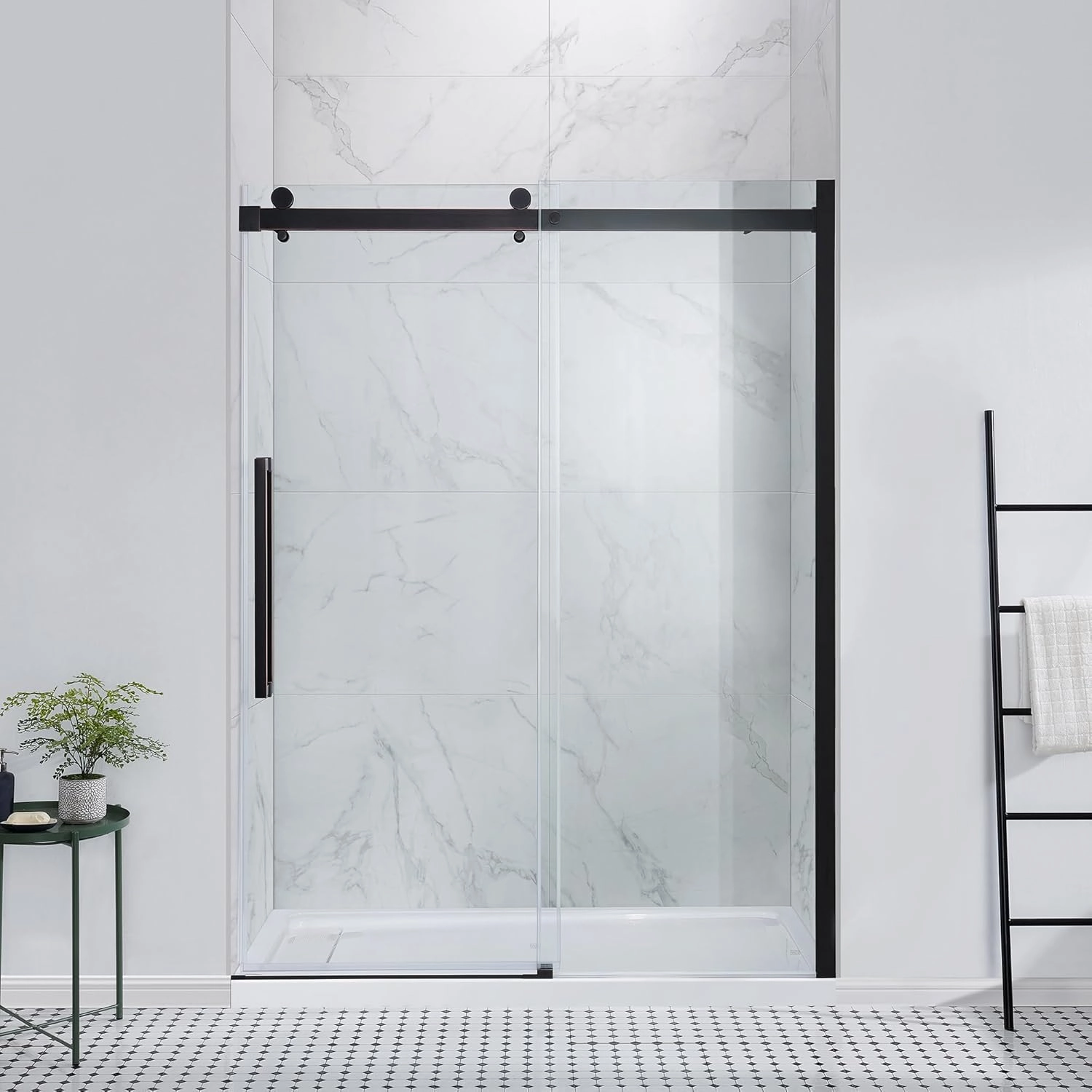 OVE Decors Bel 60-in W x 81-in H Frameless Sliding Shower Door Alcove Shower Kit, Shower Base Included in Oil-Rubbed Bronze
