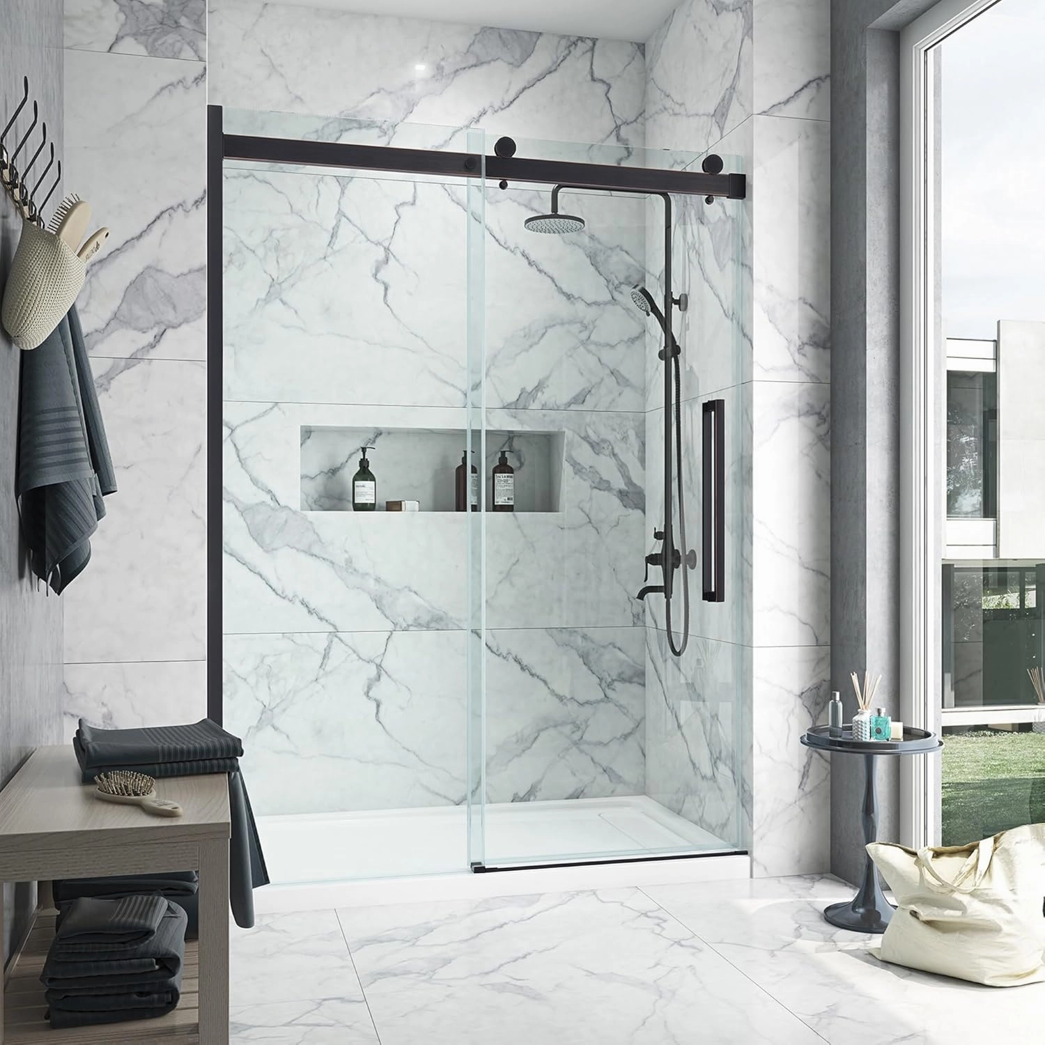 OVE Decors Bel 60-in W x 81-in H Frameless Sliding Shower Door Alcove Shower Kit, Shower Base Included in Oil-Rubbed Bronze