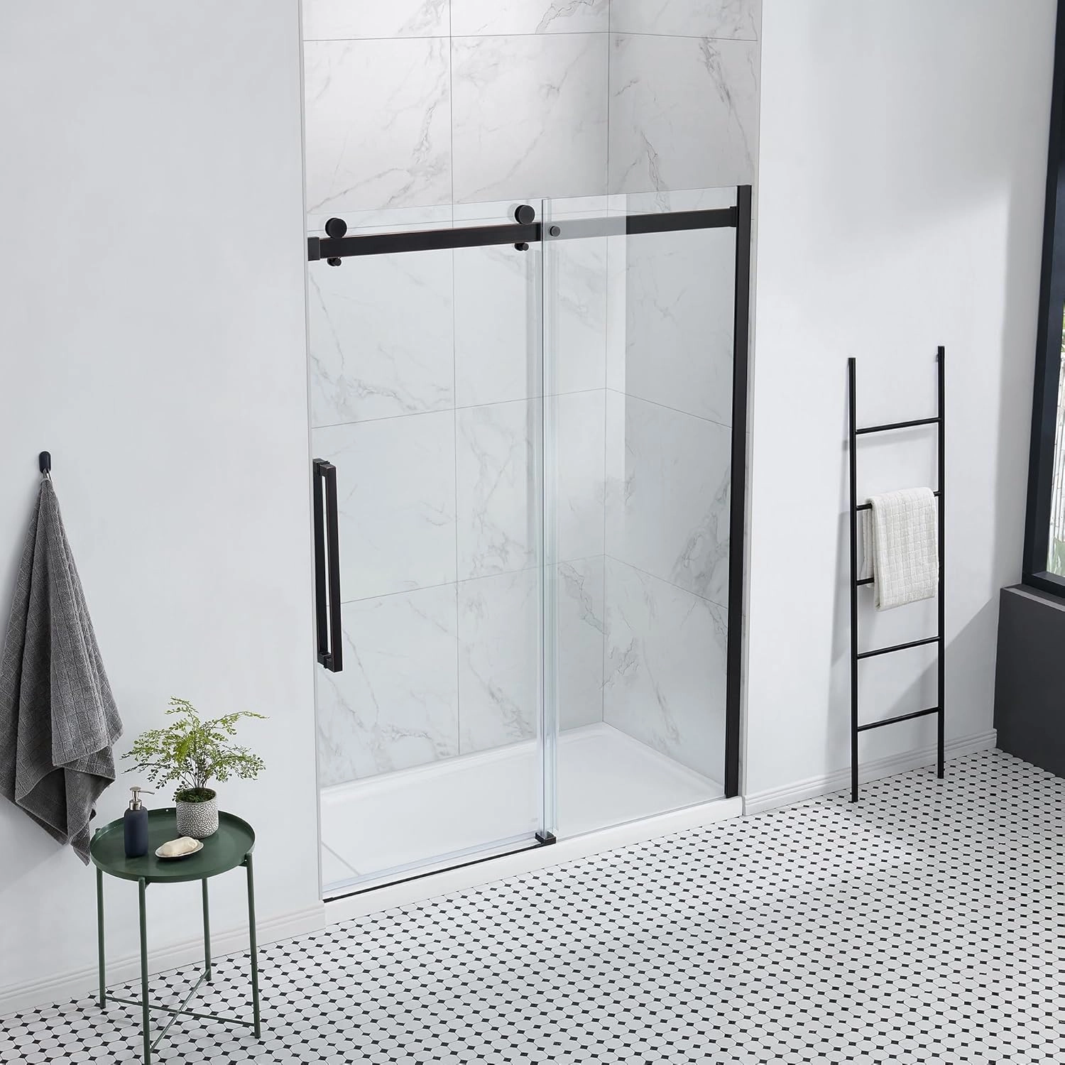 OVE Decors Bel 60-in W x 81-in H Frameless Sliding Shower Door Alcove Shower Kit, Shower Base Included in Oil-Rubbed Bronze