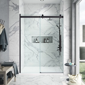 OVE Decors Bel 60-in W x 81-in H Frameless Sliding Shower Door Alcove Shower Kit, Shower Base Included in Oil-Rubbed Bronze