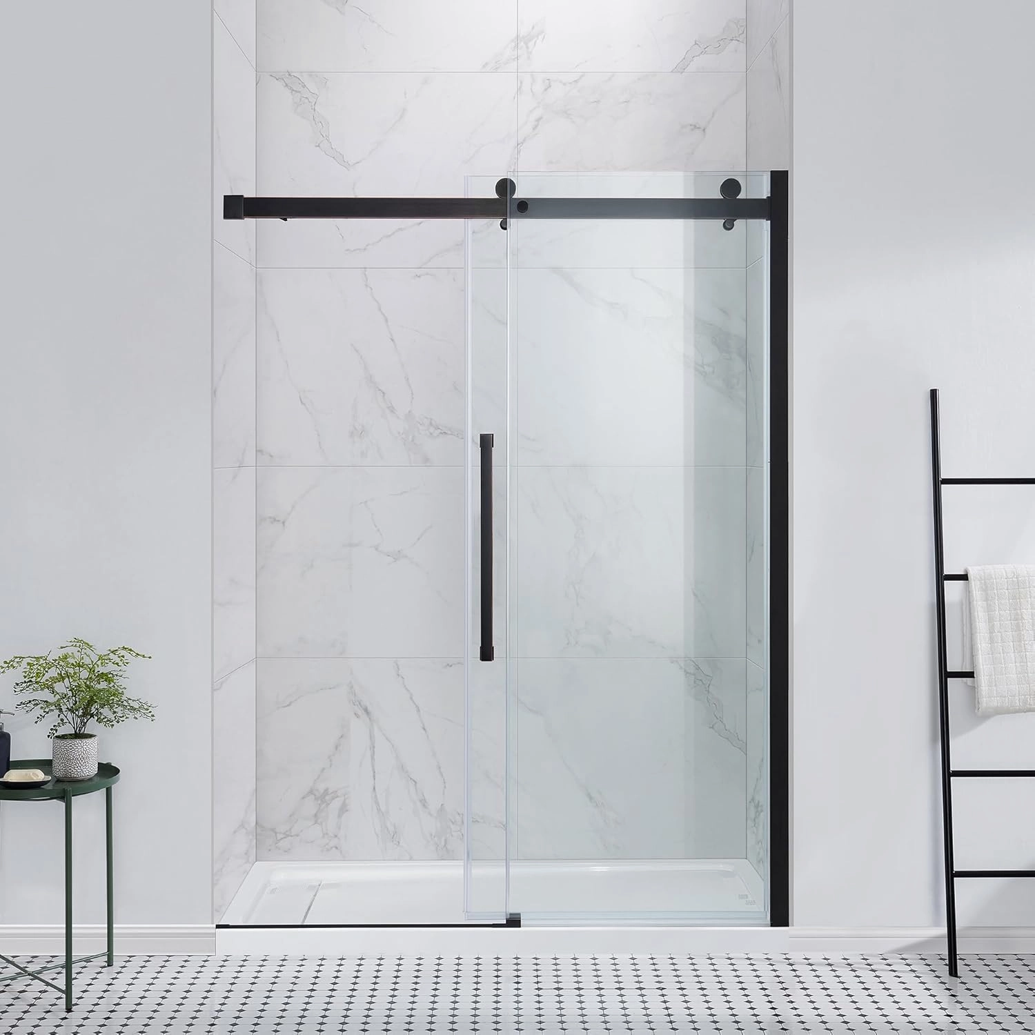 OVE Decors Bel 60-in W x 81-in H Frameless Sliding Shower Door Alcove Shower Kit, Shower Base Included in Oil-Rubbed Bronze