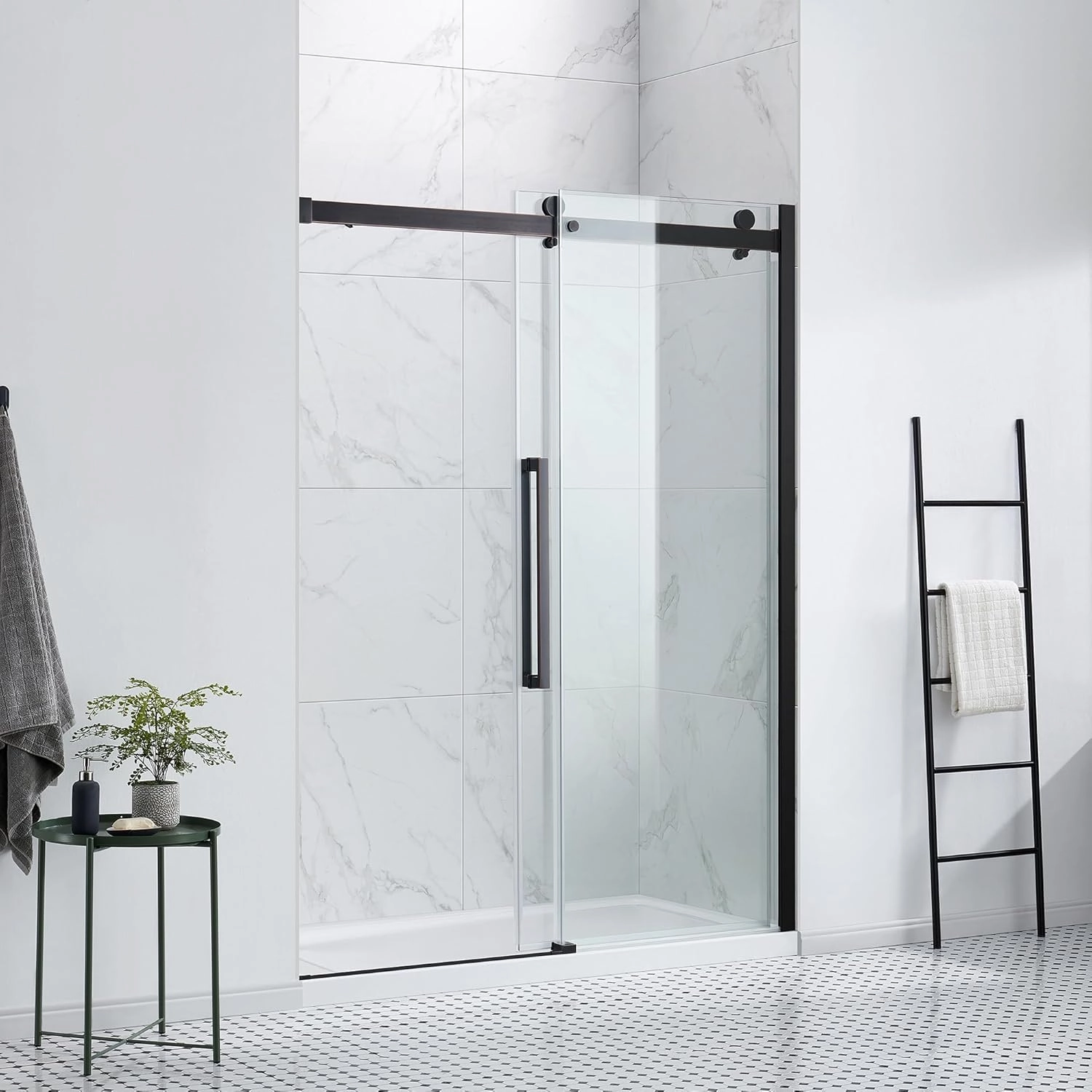 OVE Decors Bel 60-in W x 81-in H Frameless Sliding Shower Door Alcove Shower Kit, Shower Base Included in Oil-Rubbed Bronze